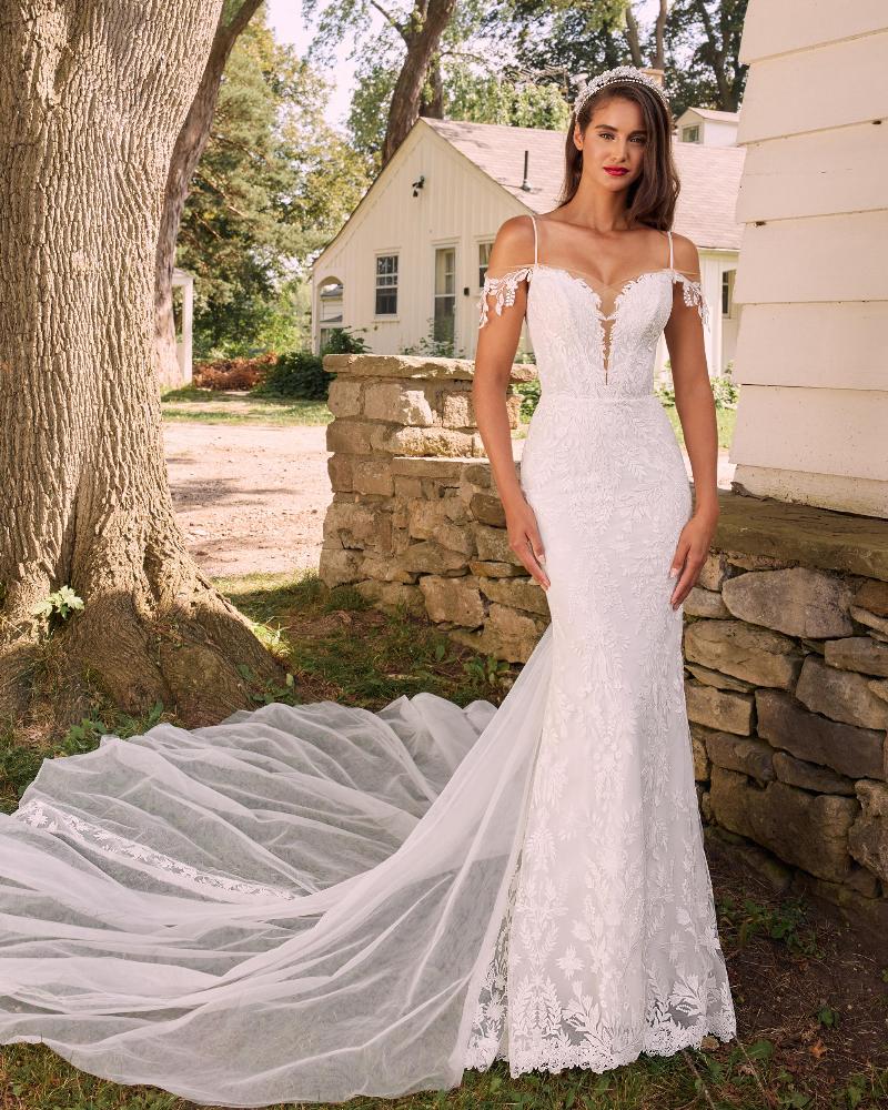 La22126 lace sheath wedding dress with off the shoulder sleeves and long train3